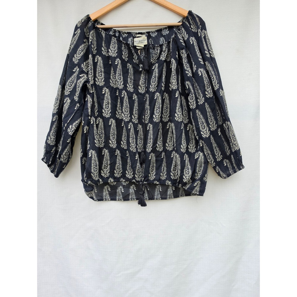 Denim Supply RL Boho Blouse Womens L Black Cream Paisley Festival Prairie Folk